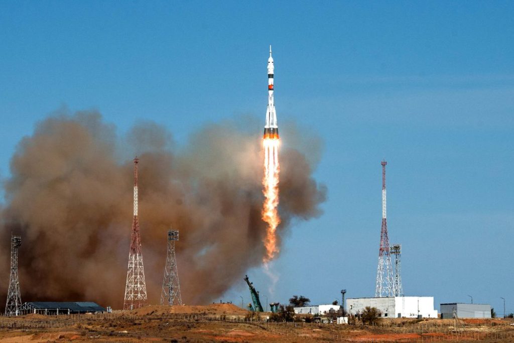 The Soyuz MS-17 spacecraft carrying the crew formed of Kathleen Rubins of NASA, Sergey Ryzhikov and Sergey Kud-Sverchkov of the Russian space agency Roscosmos blasts off to the International Space Station (ISS) from the launchpad at the Baikonur Cosmodrome, Kazakhstan October 14, 2020. Andrey Shelepin/GCTC/Russian space agency Roscosmos/Handout via REUTERS ATTENTION EDITORS - THIS IMAGE HAS BEEN SUPPLIED BY A THIRD PARTY. MANDATORY CREDIT.