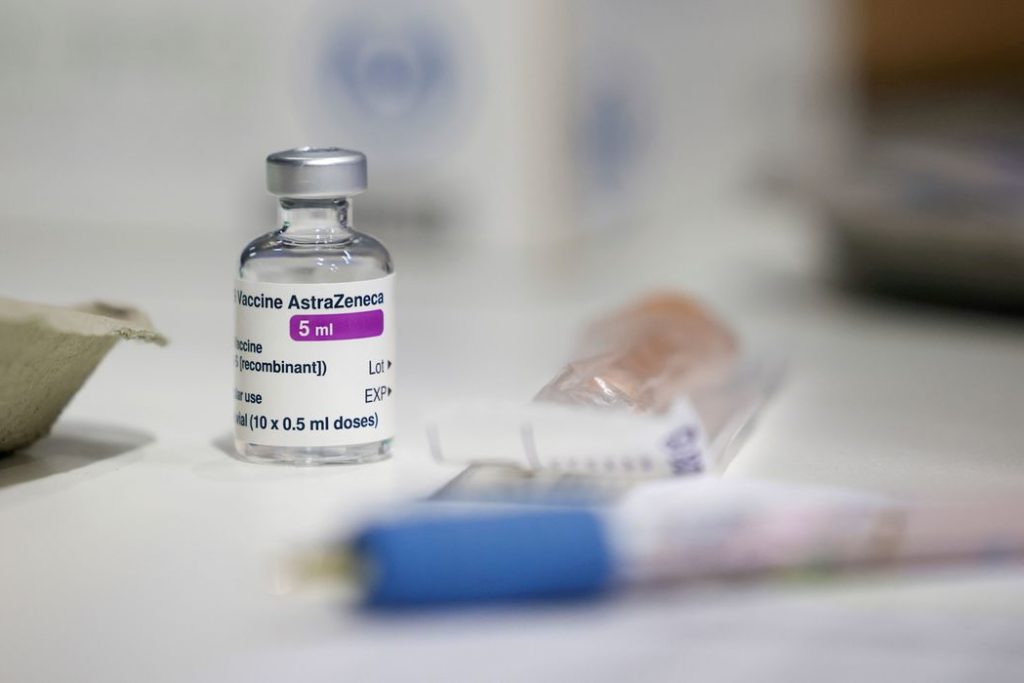 FILE PHOTO: A vial of AstraZeneca coronavirus vaccine is seen at a vaccination centre in Westfield Stratford City shopping centre, amid the outbreak of coronavirus disease (COVID-19), in London, Britain, February 18, 2021. REUTERS/Henry Nicholls//File Photo