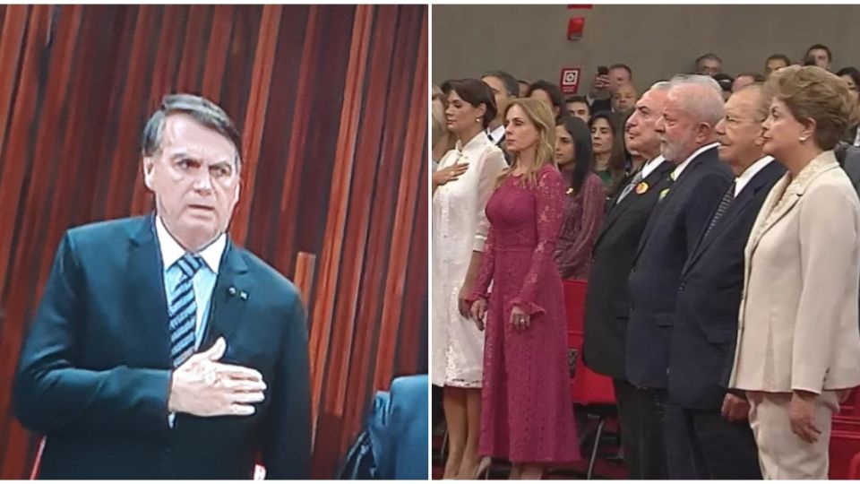 Jair Bolsonaro, de lado e os ex-presidentes, Dilma Rousseff, José Sarney, Lula e Michel Temer/Reprodução/TSE